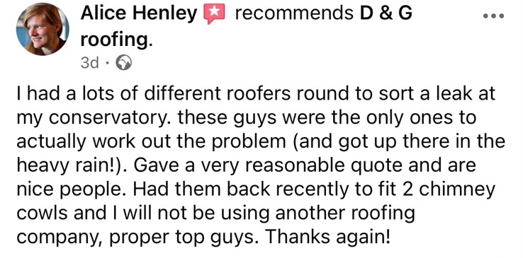 Alice Henley's Facebook recommendation about finding her conservatory leak and fitting two chimney cowls. Full review transcribed above.