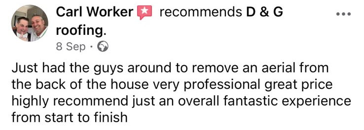 Carl Worker's Facebook recommendation about professional aerial removal at a great price. Full review transcribed above.